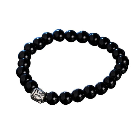 GOATT Obsidian Bracelet Buddha Head Silver Bracelet Lava Stone Bead Bracelets